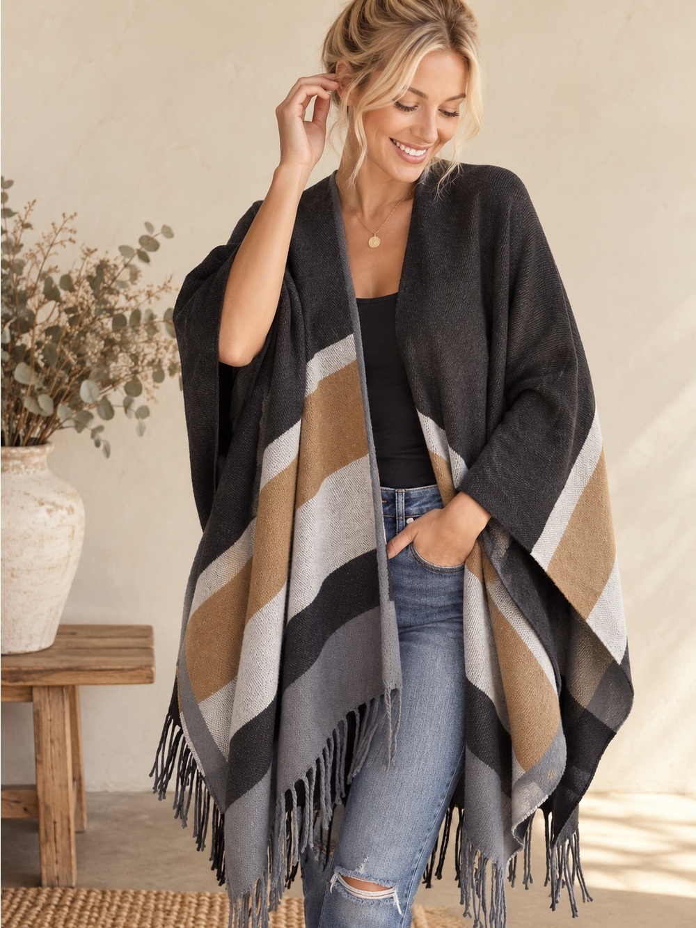 BCBG Max Azria Geometric Fringe Ruana Poncho Wrap Black Taupe Gray OS
